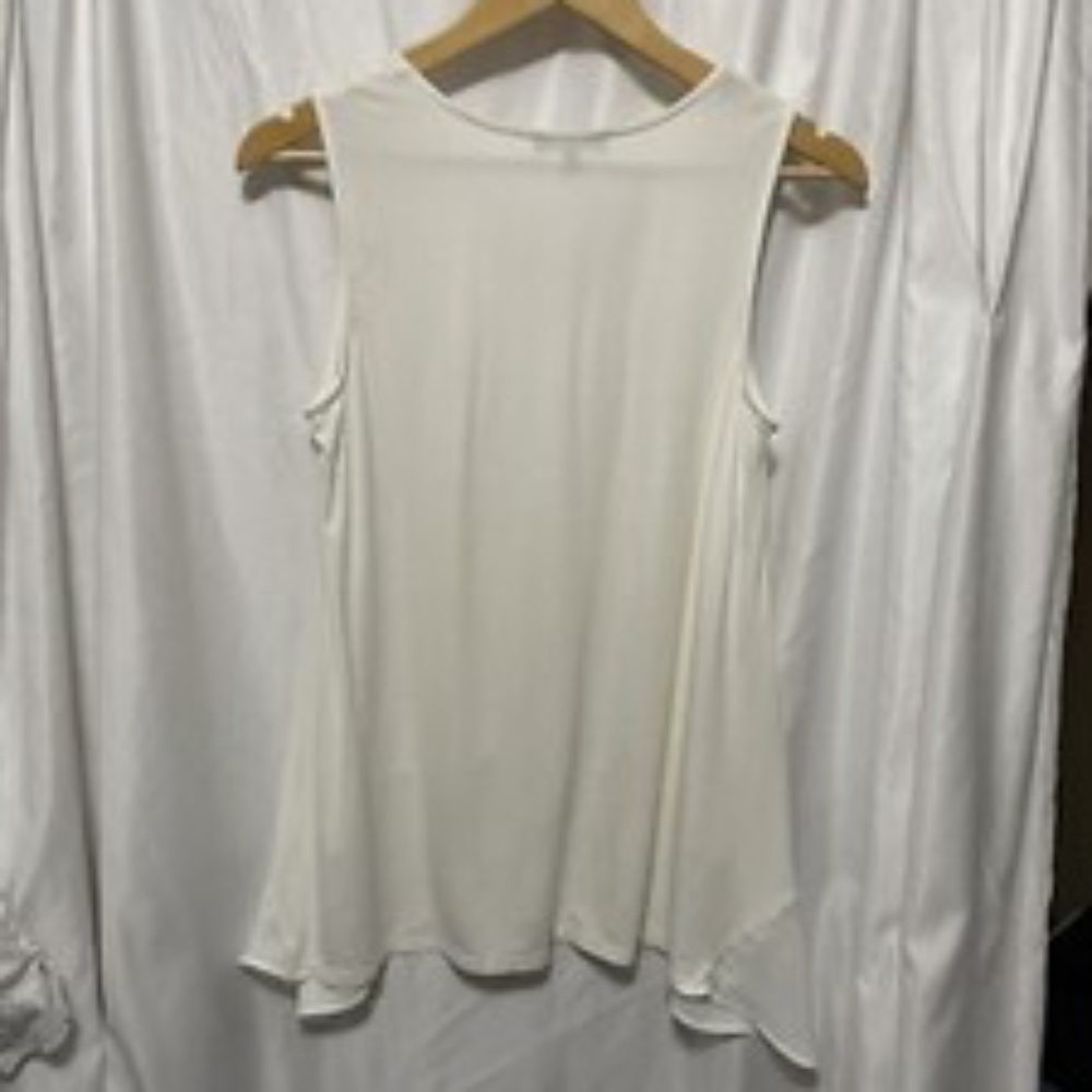 adrianna papell M tunic going out top a-line embroidered sheer hem flounce vneck